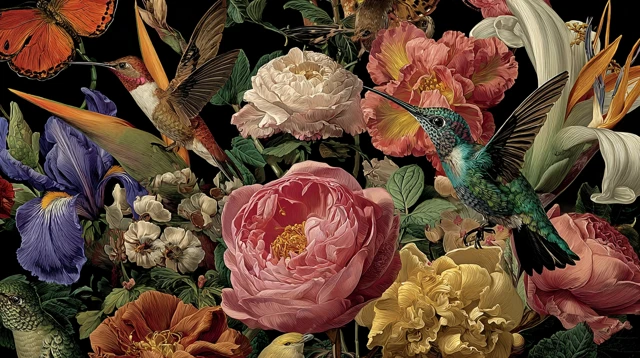Wildflowers with Hummingbirds in Peter Riftly style