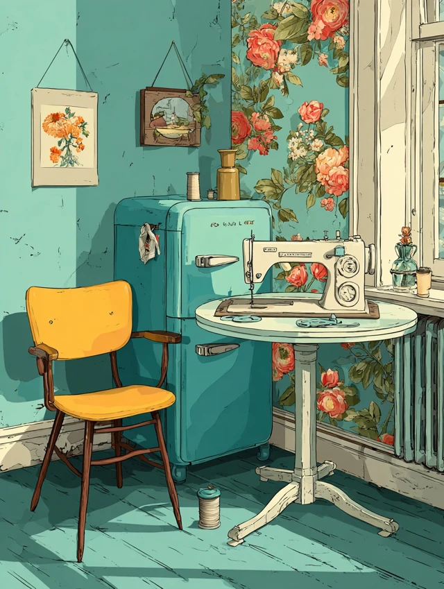Nostalgic Sewing Room Illustration Vintage Decor