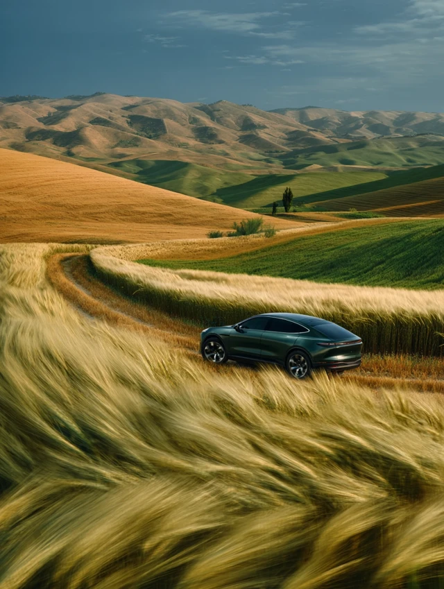 Electric SUV in Wheat Field Cinematic Scene