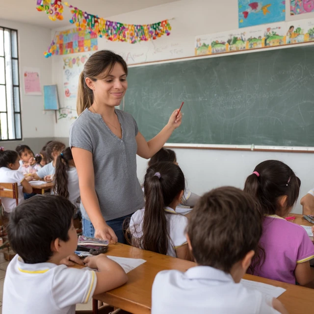 Latin Teacher Writing on Chalkboard in Classroom