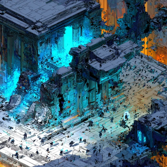 Cyberpunk Temple Ruin: Digital Gods Fall