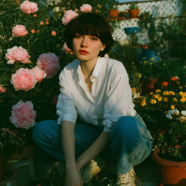 Model in Garden White Shirt and Jeans Photography