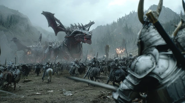 Fire Demon Army Charges Against Knights