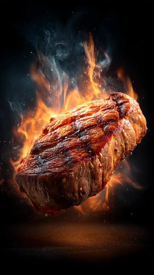 3D Beef Steak in Fire Delicious Food Image