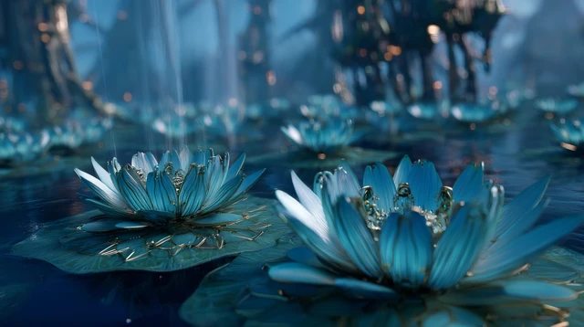 Cyberpunk Lotus Flowers Teal Blue World