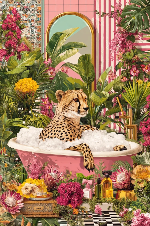 Cheetah in a Bath Illustration Jungle Flowers Boho Stripes
