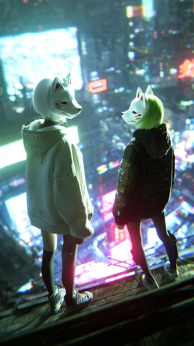 Cyberpunk Girls Fox Masks Rooftop Night City