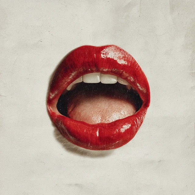 Red Lips Glossy Wide Mouth Tongue Textured White Background