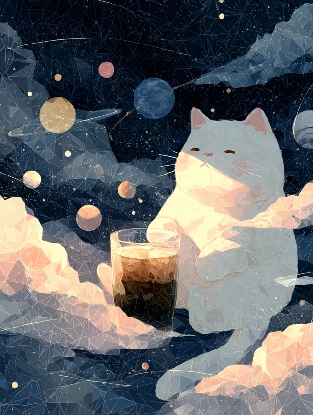 Dreamy Cat in Space with Planets and Tea
