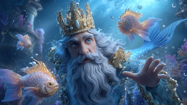 Underwater Royal Palace Scene Sea King and Mermaid