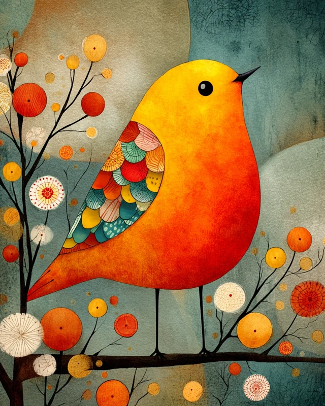 Whimsical Bird Watercolor Painting Folk Art