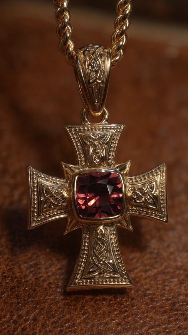 Victorian Crusader Cross Necklace Red Spinel Diamond Gold