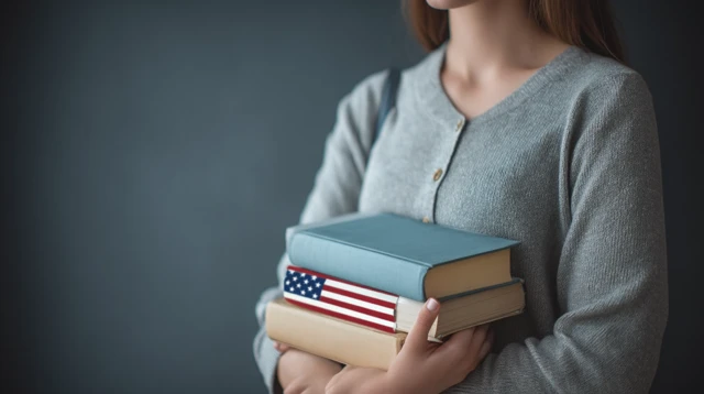 Academic Holding Books American Flag Back View