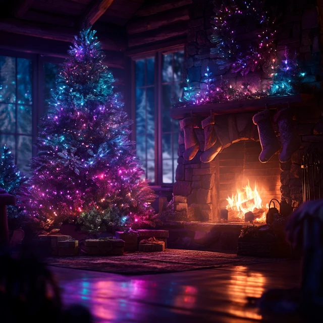 Christmas Tree Living Room Fireplace Night