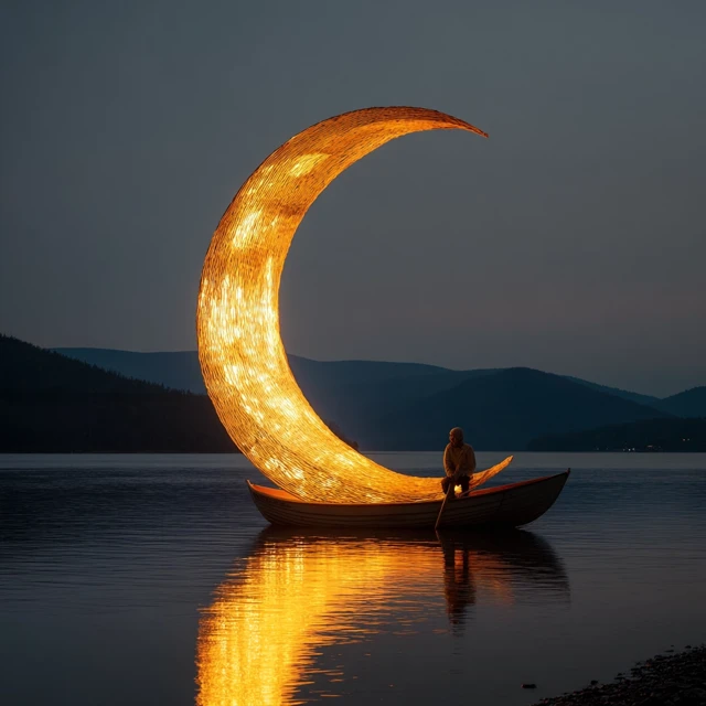 Giant Illuminated Moon Sculpture on the Lake