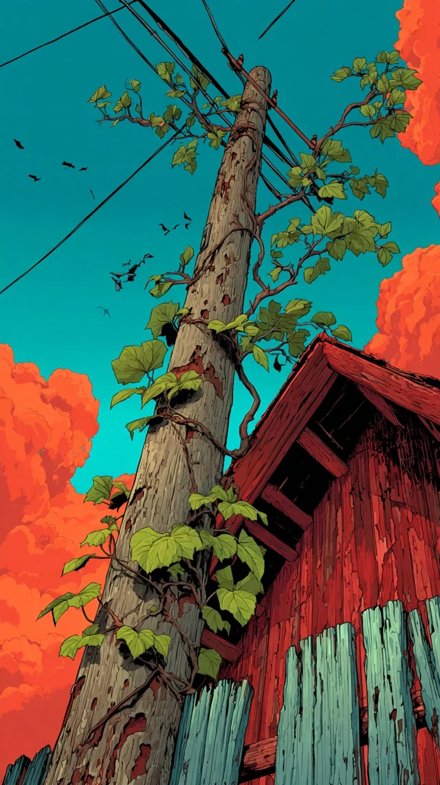 Anime Illustration of a Weathered Pole and Vines