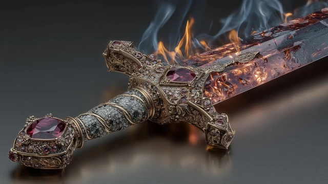 Flaming Sword with Ruby Hilt: Fantasy Weapon Art