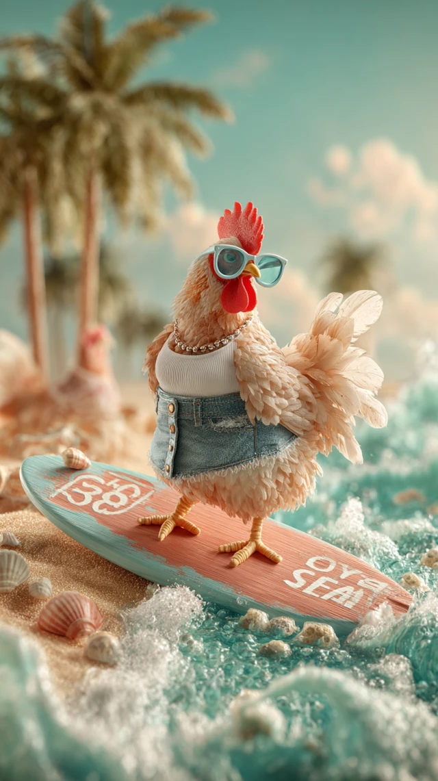 Stylish Hen on Surfboard Beach Summer Vacation