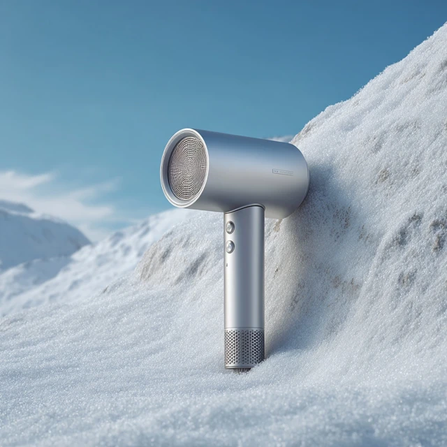 Silver Hair Dryer on Snow Ultra Realistic Detail