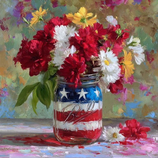 American Flag Mason Jar Flowers Painting