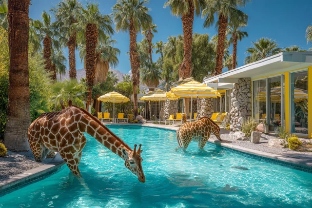 Giraffes Palm Springs Poolside Surreal Scene