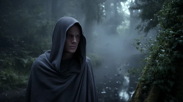 Mysterious Figure in Eerie Forest Cinematic Scene