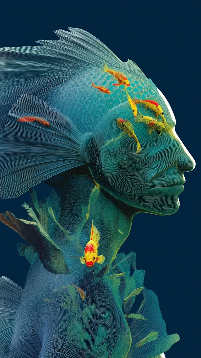 Futuristic 3D Art Ocean Fish Man Profile