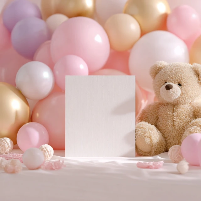 Blank Card Mockup with Balloons and Teddy Bear