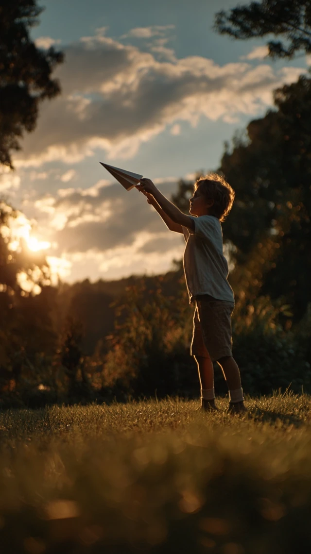 Childs Paper Plane Sunlight Hopeful Scene