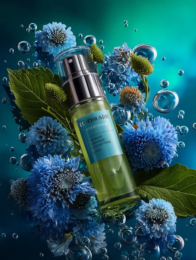 Skincare Bottle with Blue Flowers and Bubbles