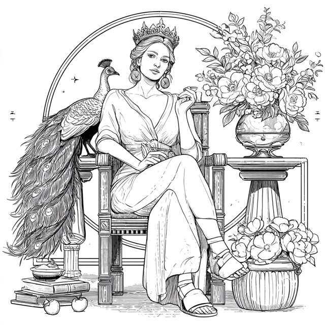 Goddess Hera Coloring Page with Peacock and Crown