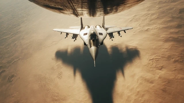 MiG 29 Fighter Jet Aerial View Desert Landscape