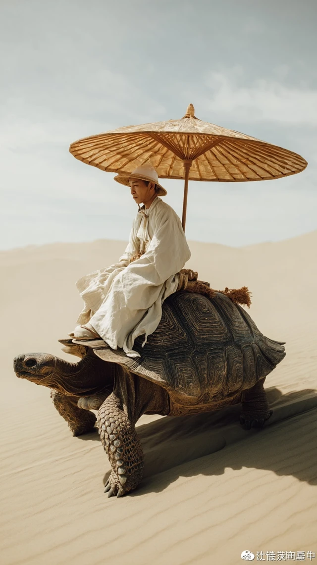 Ancient Chinese Taoist on Giant Turtle in Desert
