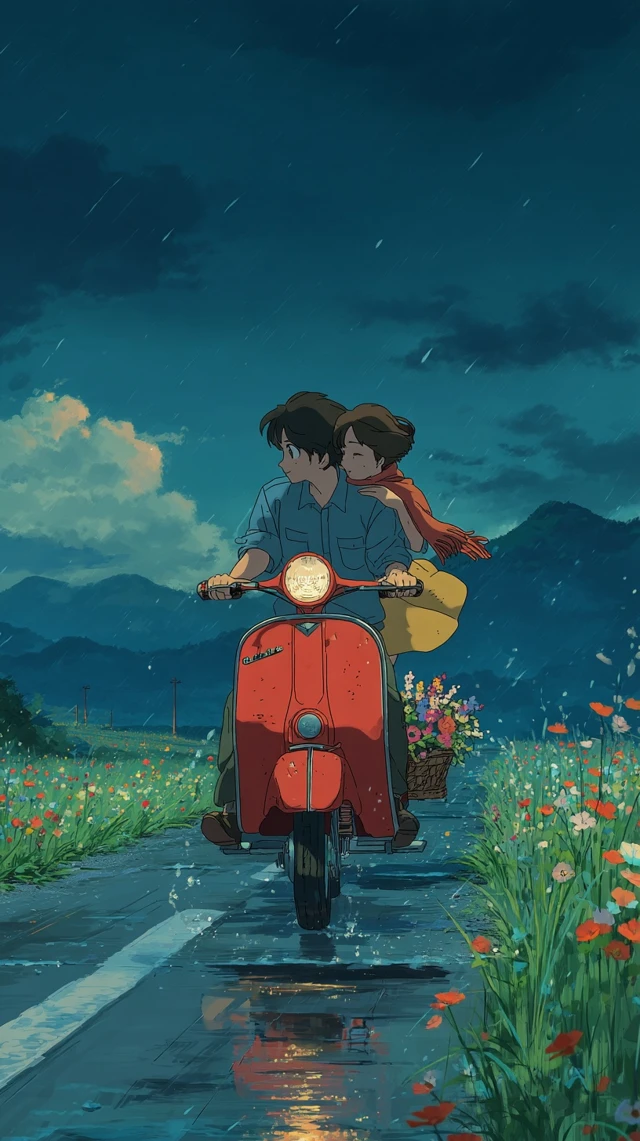 Anime Scooter Ride Rainy Night Romantic Landscape