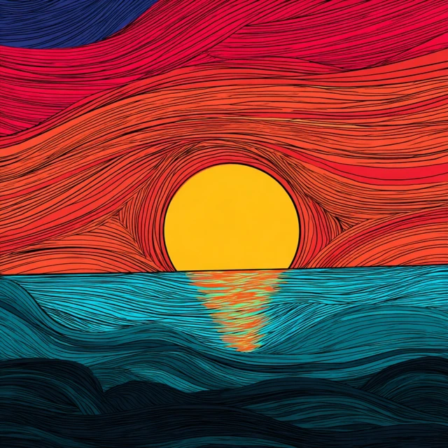 Sunset Over the Sea Colorful Illustration
