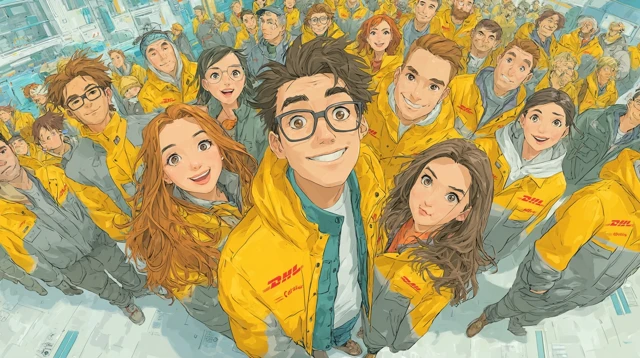 DHL Workers Smiling in Cartoon Illustration