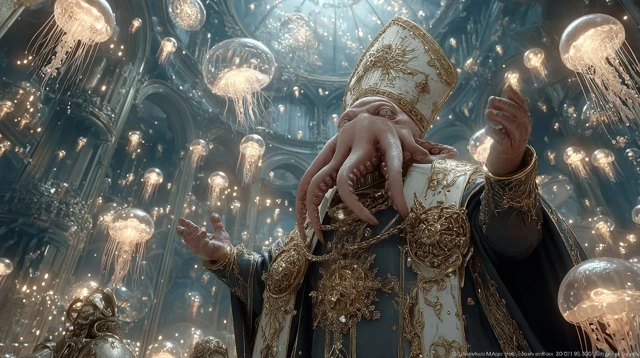 Cybernetic Pope in a Gothic Library of Molten Glass