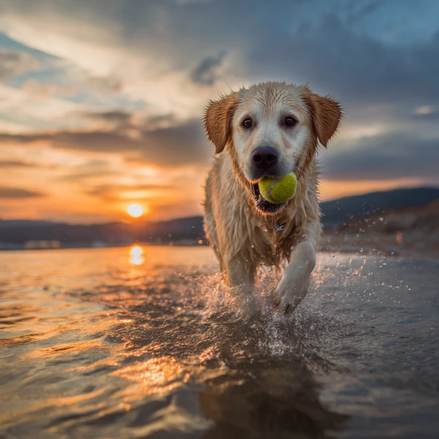 Golden Retriever on the Beach at Sunset