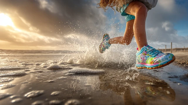 Girl Jumping in Puddle Sneakers Water Splash