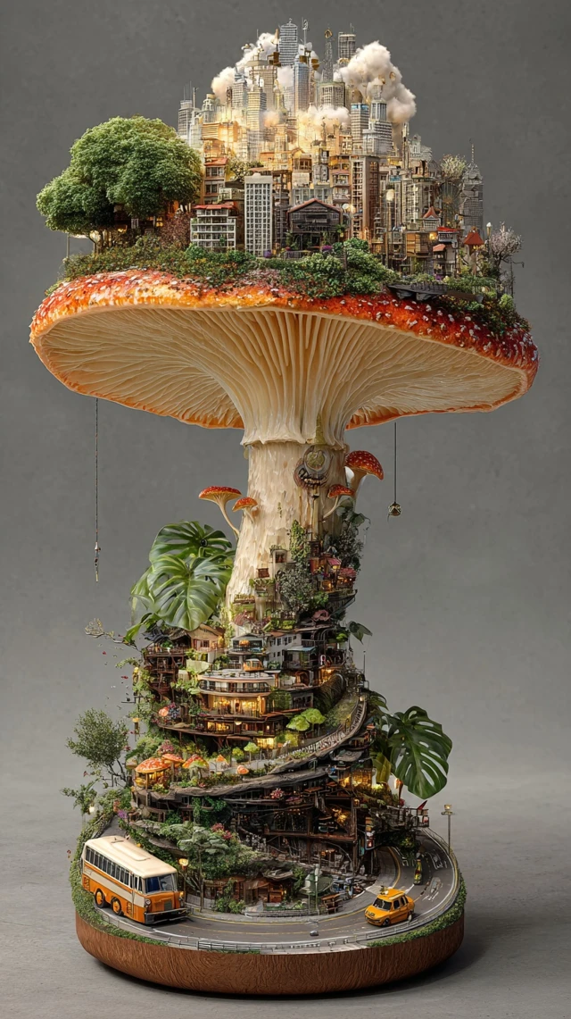 Futuristic Mushroom City Inside Highly Detailed Artwork