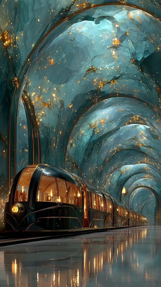 Dreamy Train Journey Through a Crystal Tunnel