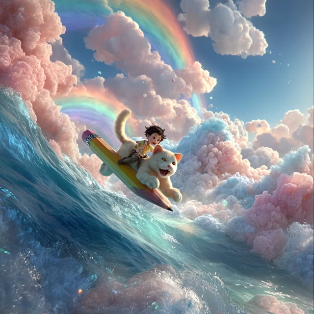 Child Cat Mascot Riding Rainbow Pencil Illustration