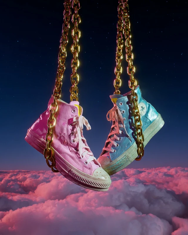 Sneakers Hanging Above Earth Pink and Blue Colors