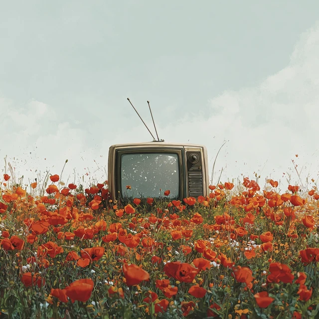 Vintage TV in Poppy Field Mid Century Modern Art