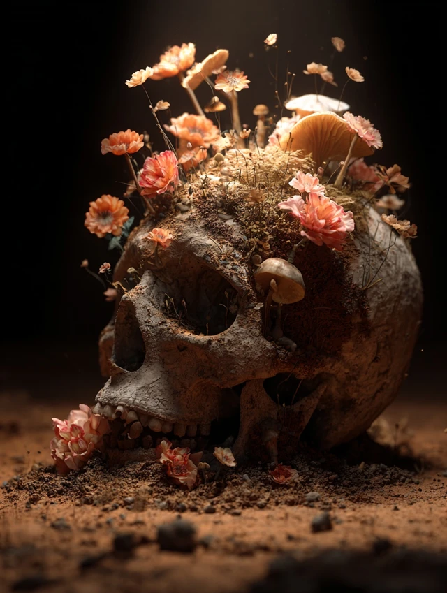 Skull with Flowers and Mushrooms Death and Rebirth