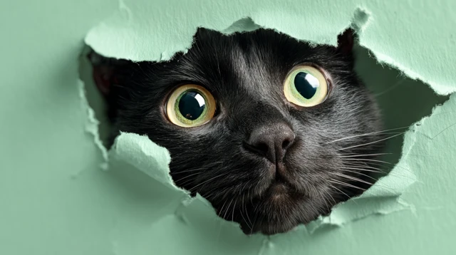 Cute Black Cat Peeking Through A Hole