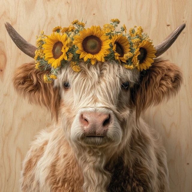 Highland Cow with Sunflowers Realistic Illustration