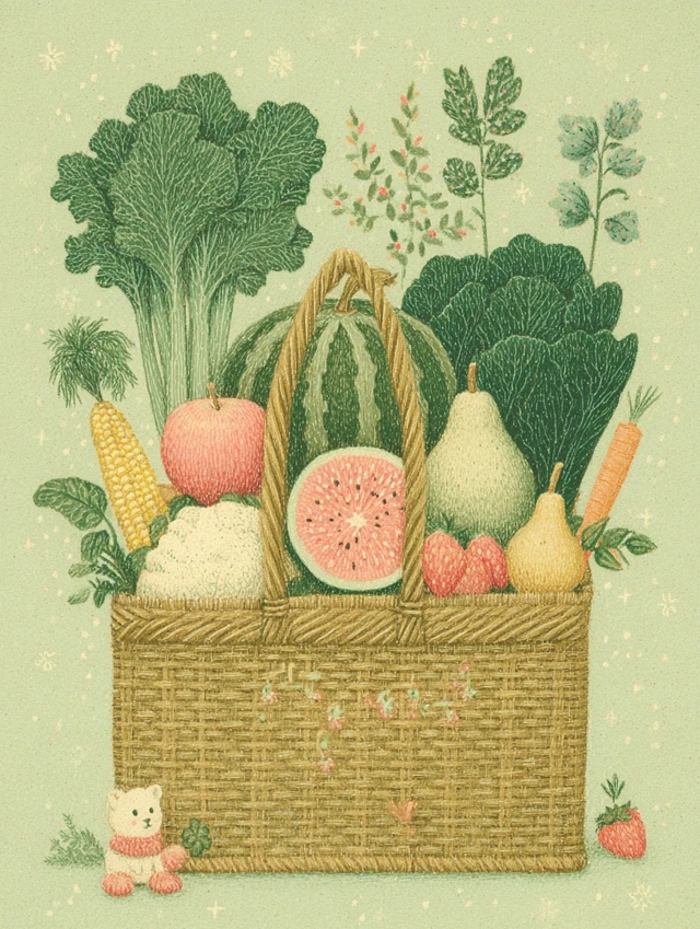 Whimsical Fruit and Vegetable Basket Illustration