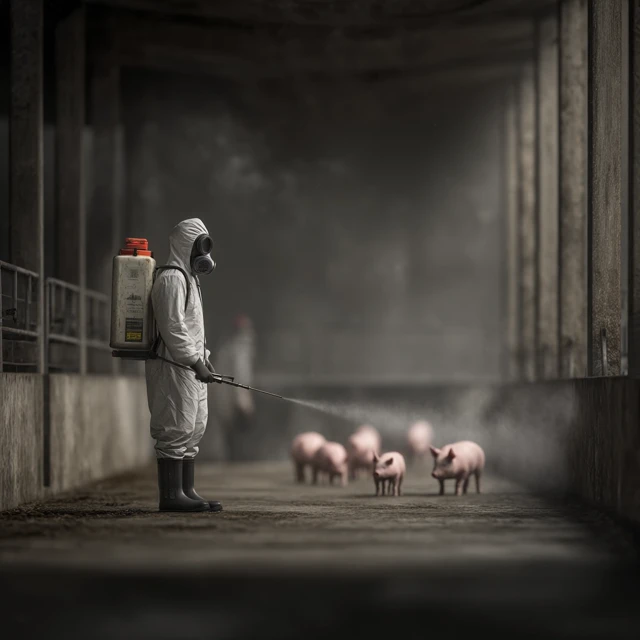 Biosecurity Technician Disinfecting Pig Barn Realistic Photo