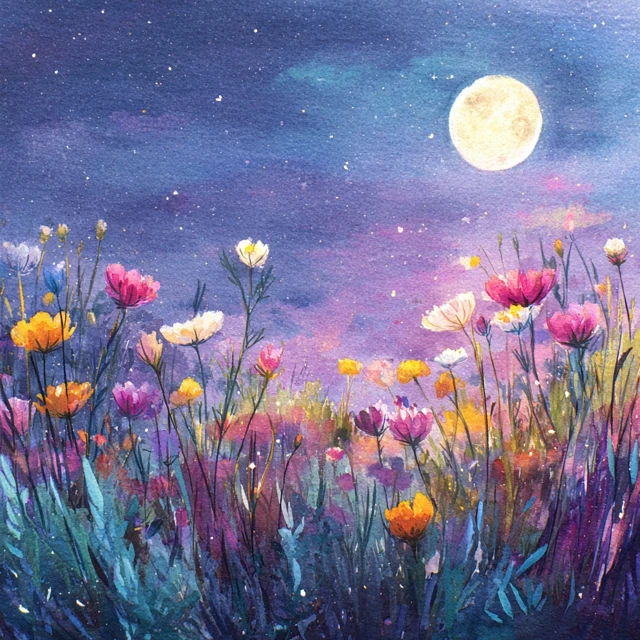 Moonlit Wildflower Field Watercolor Painting